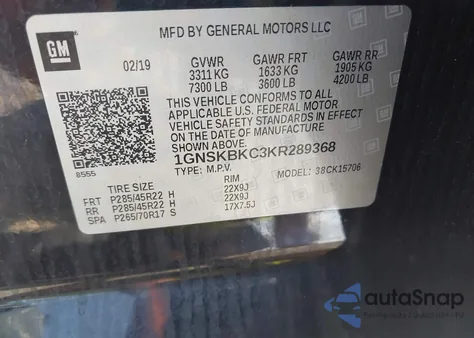 2019 Chevrolet Tahoe Lt from USA, damaged, VIN 1GNSKBKC3KR289368